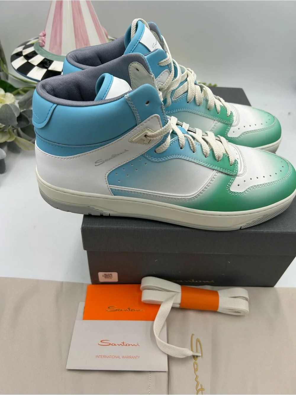 Men's Santoni Men's High-Top Sneakers in Green, Blue & White size 11 made Italy - Picture 5 of 9